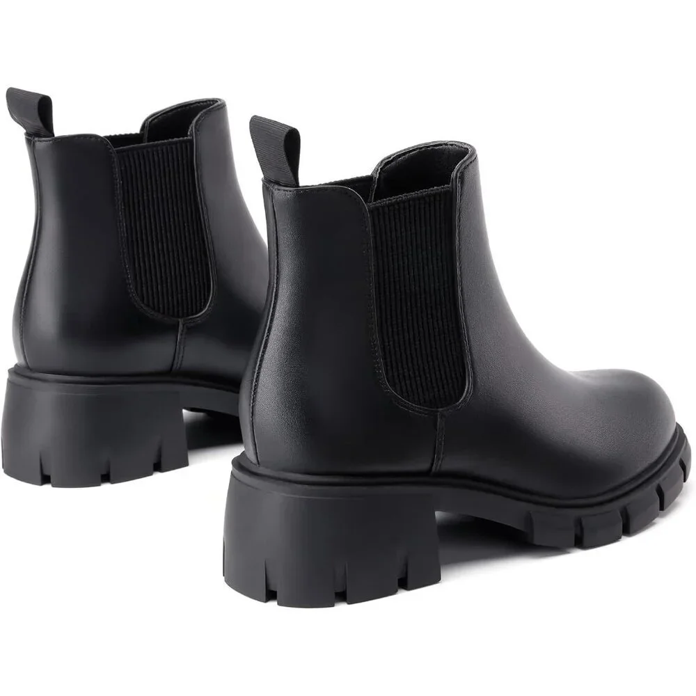🆕Girls Black Polyurethane Cowgirl Ankle Comfortable Slip on Lug Sole Boot